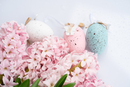 Easter scene with fresh hyacinth flowers and Easter eggsの写真素材