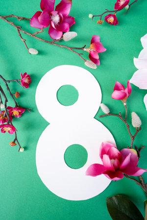 Magnolia flowers on green spring background, 8 march day festive background, flowers for international womans day 8 of marchの写真素材