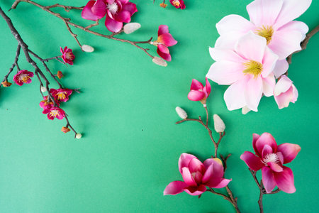 Blooming pink magnolia tree branch with flowers against green background