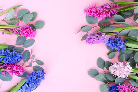 wedding or mothers day background, bouquet of ÑÑÑÑÐ² Hyacinth flowers over plain pink background with copy spaceの写真素材