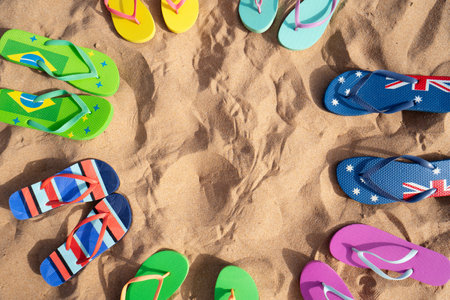 Summer beach background with flip flops and copy space, vacations conceptの写真素材