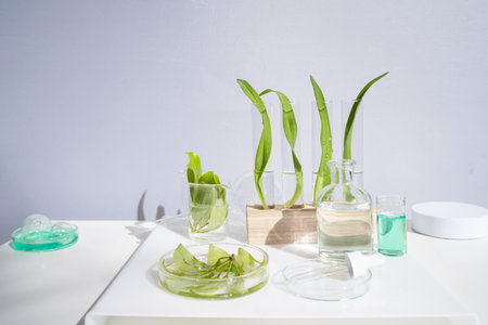 Science and nature concept, green laboratory with test tubesの写真素材