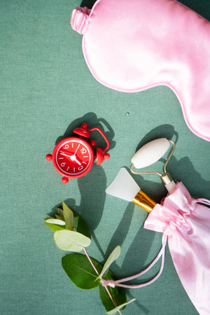 alarm clock with sleeping mask, sleep-wake disorders concept, insomnia therapy, sleep difficulties and deprivationの写真素材