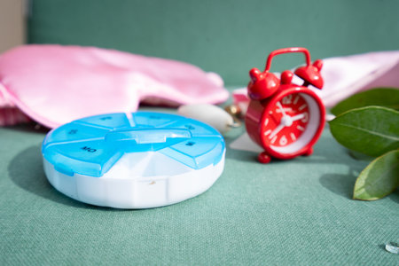 alarm clock with sleeping mask and pill box, sleep-wake disorders concept, insomnia therapy, sleep difficulties and deprivationの写真素材