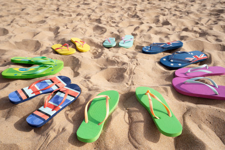 Summer beach background with flip flops and copy space, vacations conceptの写真素材