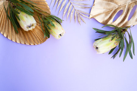 Tropical leaves and flowers over violet background, summer background with copy spaceの写真素材
