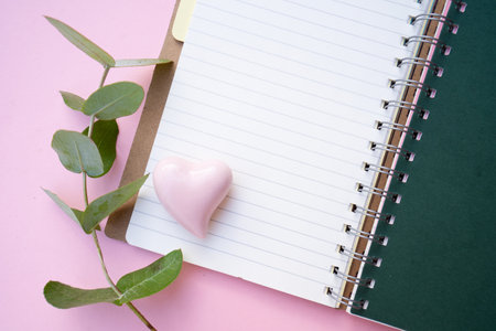 Zero waste concept with open notebook and green eucaliptus leaves over pink backgroundの写真素材