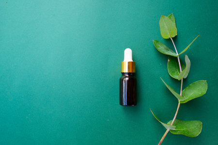 Natural cosmetics concept, dark glass vial over green backgroundの写真素材