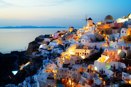 beautiful details of Santorini island, night lights of Oia village at blue night, Santorini Greeceの写真素材