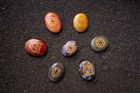 Seven chakras healing crystals. Witchcraft, herbal medicine and healing, Magic healing Rock for Reiki Crystal Ritual, Witchcraft, spiritual esoteric practiceの写真素材