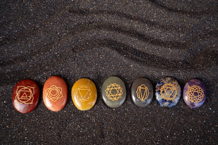 Seven chakras healing crystals. Witchcraft, herbal medicine and healing, Magic healing Rock for Reiki Crystal Ritual, Witchcraft, spiritual esoteric practiceの写真素材