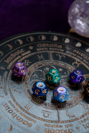 Horoscope zodiac circle with divination dice. Fortune telling and astrology predictions charts concept, magic rituals and exoteric experienceの写真素材