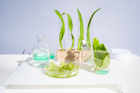 Science and nature concept, green laboratory with test tubesの写真素材