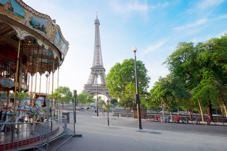 Paris Eiffel Tower and path in Trocadero gardens at sunrise in Paris, France. Web banner format. Eiffel Tower is one of the most iconic landmarks of Paris.の写真素材