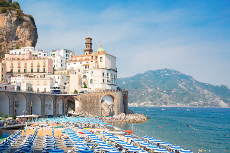 summer Atrani beach with Thyrenian sea water, Italyの写真素材