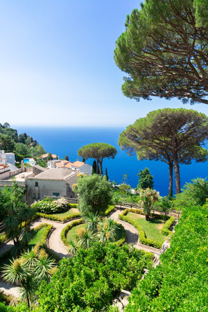 view of Tyrrhenian Sea blue waters and Amalfi coast of Italy at summerの写真素材