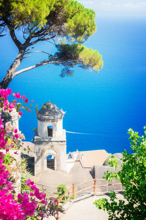 Belltower in Ravello village, Amalfi coast of Italy, retro tonedの写真素材