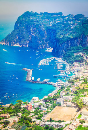 view of Marina Grande habour from above, Capri island, Italyの写真素材