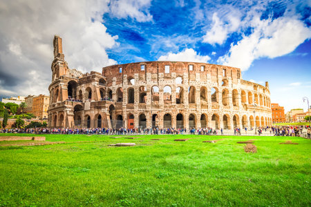ruins of antique Colosseum building at spring day in Rome Italyの写真素材