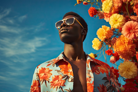 man wearing sunglasses on blue background in floral shirt, in the style of african influencers,の素材