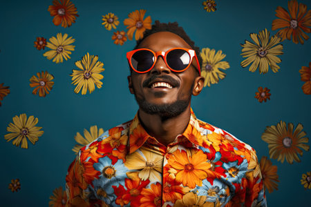 man wearing sunglasses on blue background in floral shirt, in the style of african influencers,の素材