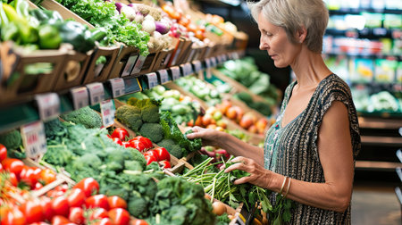 Mature senior beautiful woman choosing vegetables in supermarketの素材
