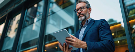 Mature businessman standing outside office using digital tablet for workの素材