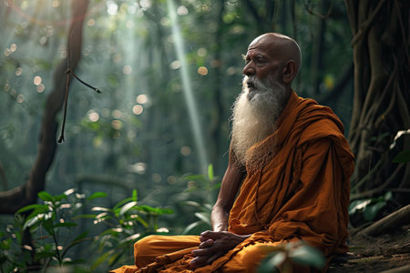 old monk with wise and serene expression, long white beard, saffron robe, sitting cross-legged in green forest.の素材