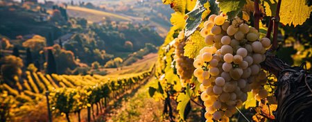 Autumn harvest of white wine grapes in Tuscany vineyards near an Italian winery, web banner formatの素材