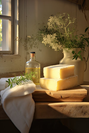 bar soap on a wooden shelf in a bathroom. shadows overlayの素材