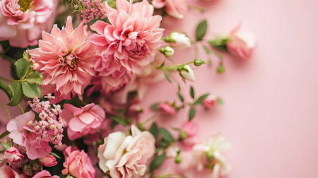 Beautiful flowers on pastel background Abstract natural floral frame layout with text space. Wedding invitation. International Women day, Mother Day conceptの素材