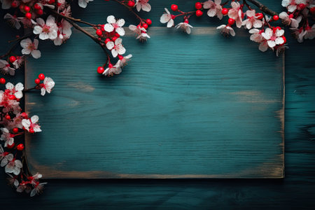 beautiful red flowers blooming from a wooden background with frame on a blue background, cherry blossoms, traditional japanese, dark teal and pink colors,の素材