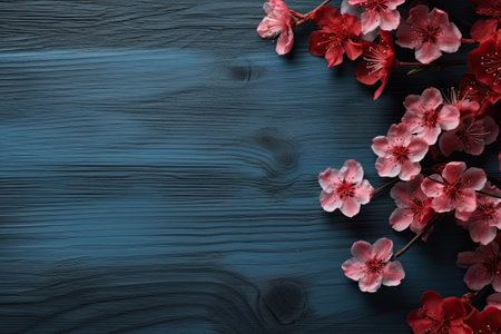beautiful red flowers blooming from a wooden background with frame on a blue background, cherry blossoms, traditional japanese, dark teal and pink colors,の素材