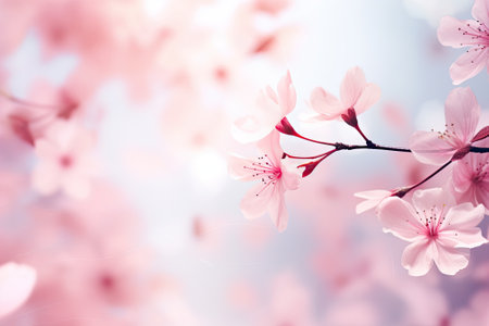Blurred pink petals on pastel background of blooming cherry treeの素材