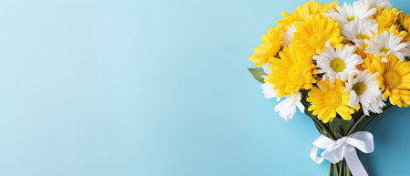 Bouquet of yellow flower on pastel blue backgroundの素材