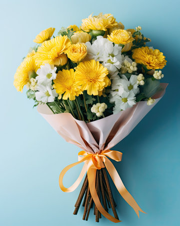 Bouquet of yellow flower on pastel blue backgroundの素材