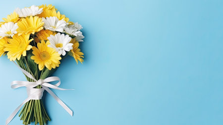 Bouquet of yellow flower on pastel blue backgroundの素材