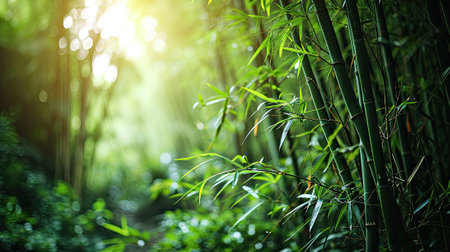 Lush bamboo forest background, dense green bamboo stalks, tranquil nature scene.の素材