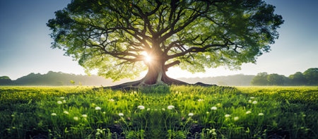Majestic tree with intricate roots spread out, vibrant green leaves, surrounding grass,の素材