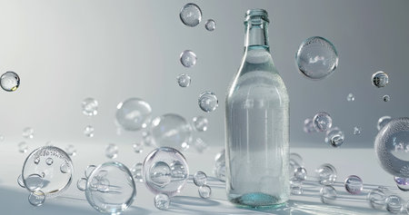 Empty glass water bottle surrounded by splash of bubbles on light gray background.の素材