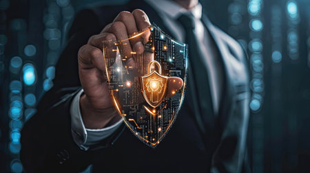 Protection network security computer and safe your data concept, ?usinessman holding shield protect icon? lock symbol, concept of security, cybersecurity and protectionの素材
