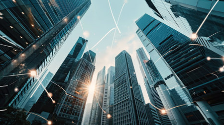 Big modern city city skyscraper downtown, digital interface with line connection.の素材