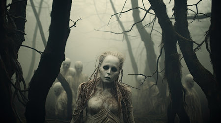 fearful fantasy nightmare creature in foggy background in the shape of evil childの素材