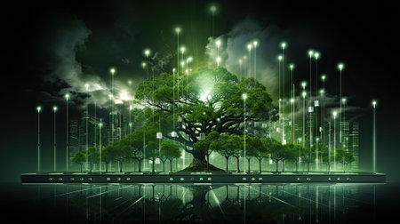 Green technology-themed image of a virtual server network, organic data structure design resembling a digital forestの素材