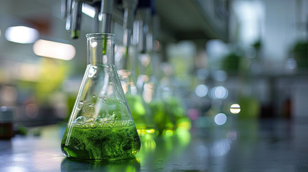 Eco-friendly biofuel contained in a laboratory flask, E-Fuel concept.の素材
