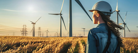Woman with windmill renewable technology wind farm electricity worker people turbine engineer energy.の素材