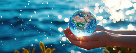 Environment concept, water day hands holding globe glass In blue sea with sunbeams.の素材