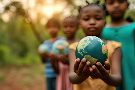 International day of peace concept, african children holding earth globe, group of multiracial children holding planet earth planet earth over defocused garden background.の素材