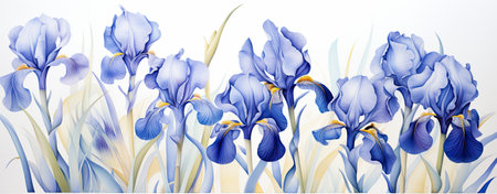 watercolor blue irises over white background, web banner formatの素材