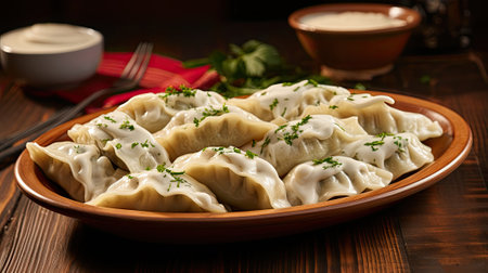 Polish pierogies dish, delicate dumplings stuffed with fillings such as sauerkraut, cheese, or meat, Christmas traditional dishの素材